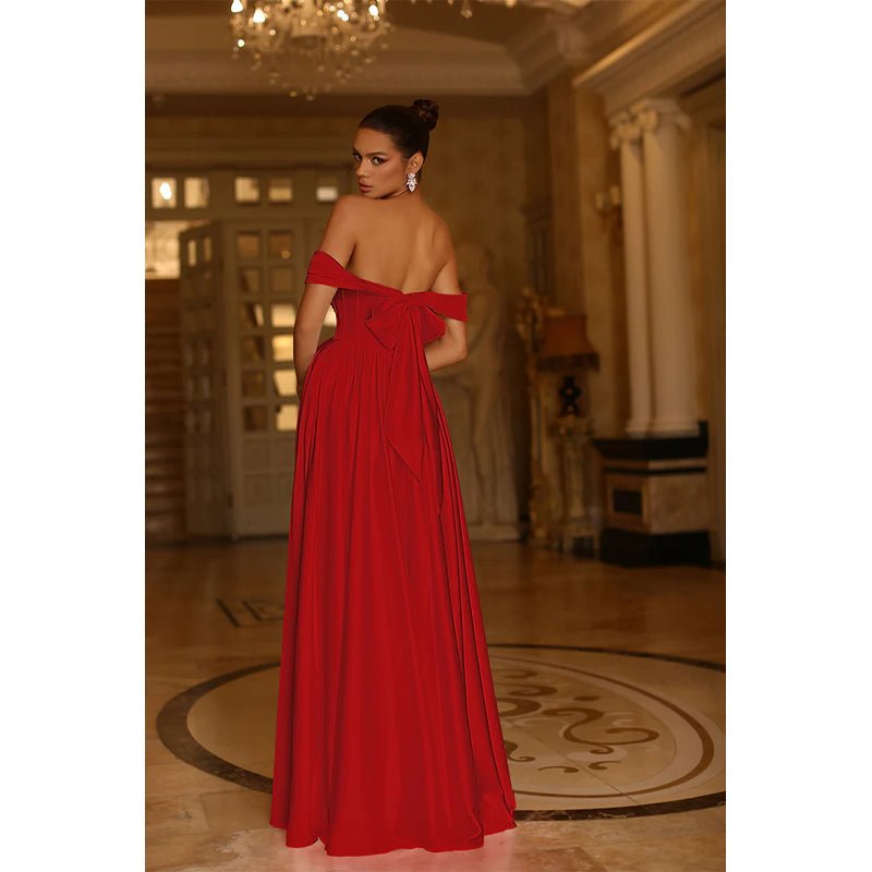 NumberSea - A Line Off Shoulder Satin Pleats Long Prom Formal Dress with Pockets