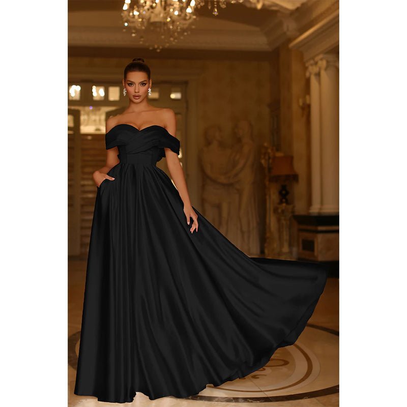 NumberSea - A Line Off Shoulder Satin Pleats Long Prom Formal Dress with Pockets