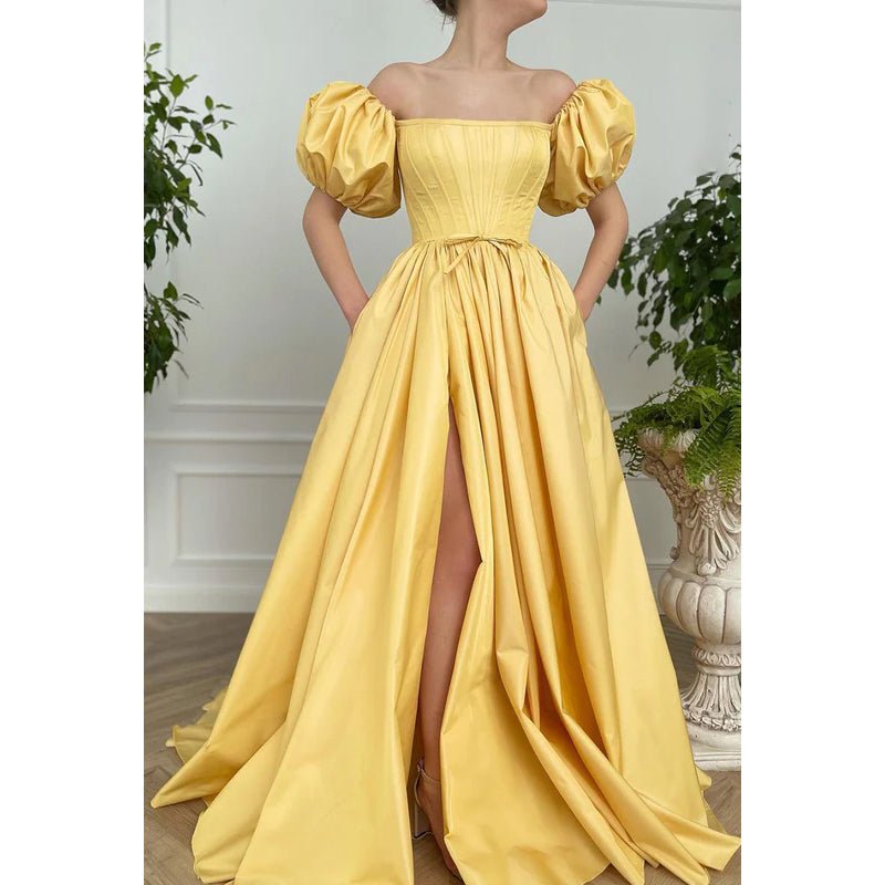 NumberSea - A - Line Off - Shoulder Satin Pleats Short Sleeves Prom Evening Formal Dress