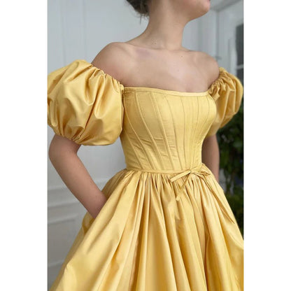 NumberSea - A - Line Off - Shoulder Satin Pleats Short Sleeves Prom Evening Formal Dress