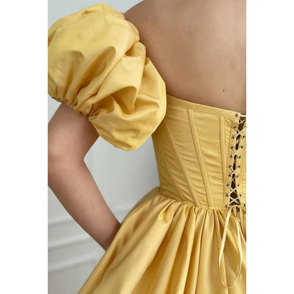 NumberSea - A - Line Off - Shoulder Satin Pleats Short Sleeves Prom Evening Formal Dress