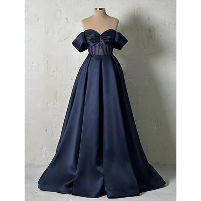 NumberSea - A - line Off - shoulder Satin Sheer Lace Long Prom Formal Dress