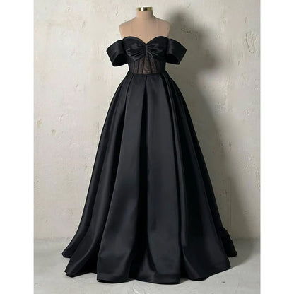 NumberSea - A - line Off - shoulder Satin Sheer Lace Long Prom Formal Dress