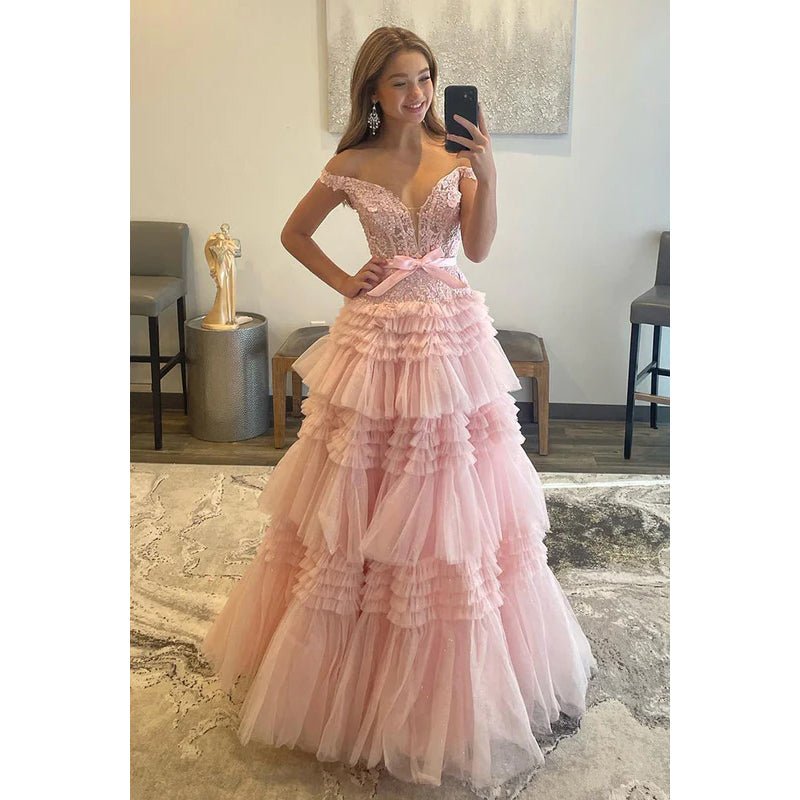 NumberSea - A - Line Off - Shoulder Tulle Appliques Sleeveless Prom Evening Formal Dress