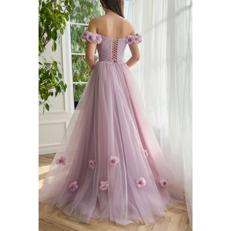 NumberSea - A Line Off The Shoulder 3d Flowers Long Prom Dress with Split