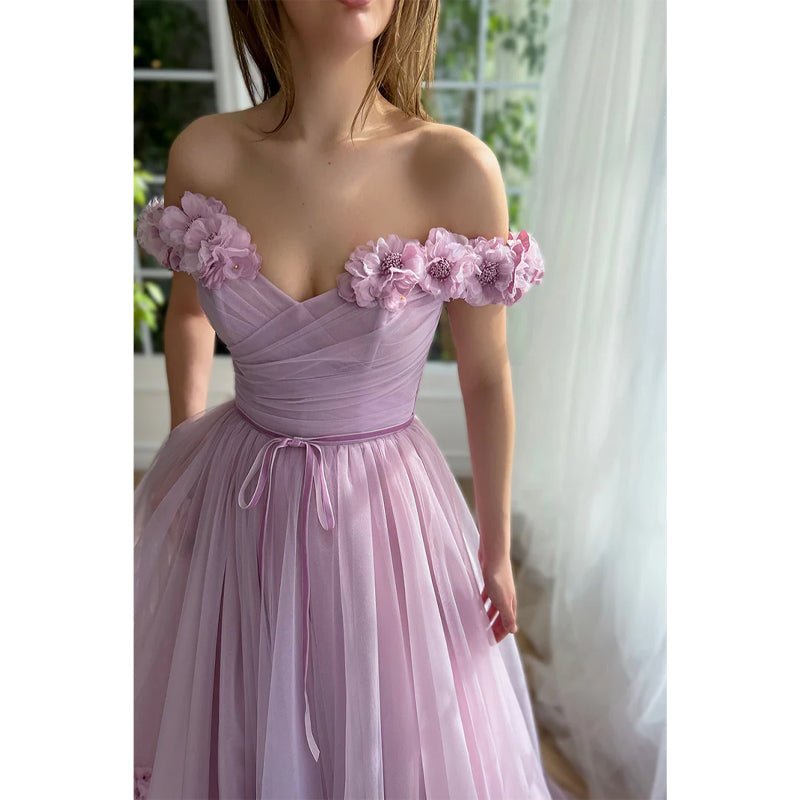 NumberSea - A Line Off The Shoulder 3d Flowers Long Prom Dress with Split