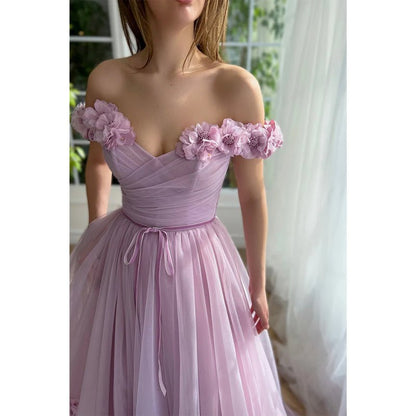 NumberSea - A Line Off The Shoulder 3d Flowers Long Prom Dress with Split