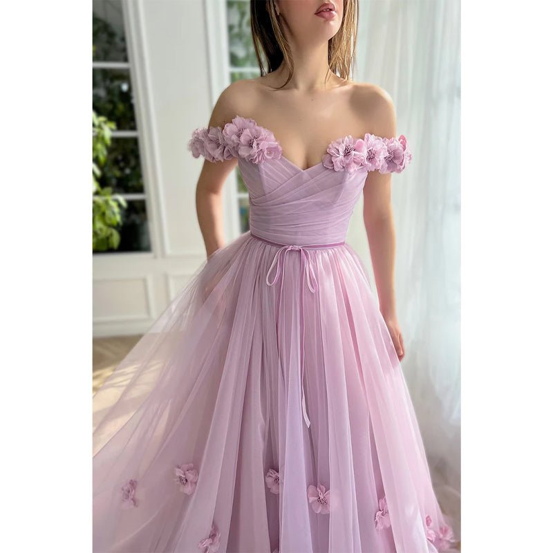 NumberSea - A Line Off The Shoulder 3d Flowers Long Prom Dress with Split