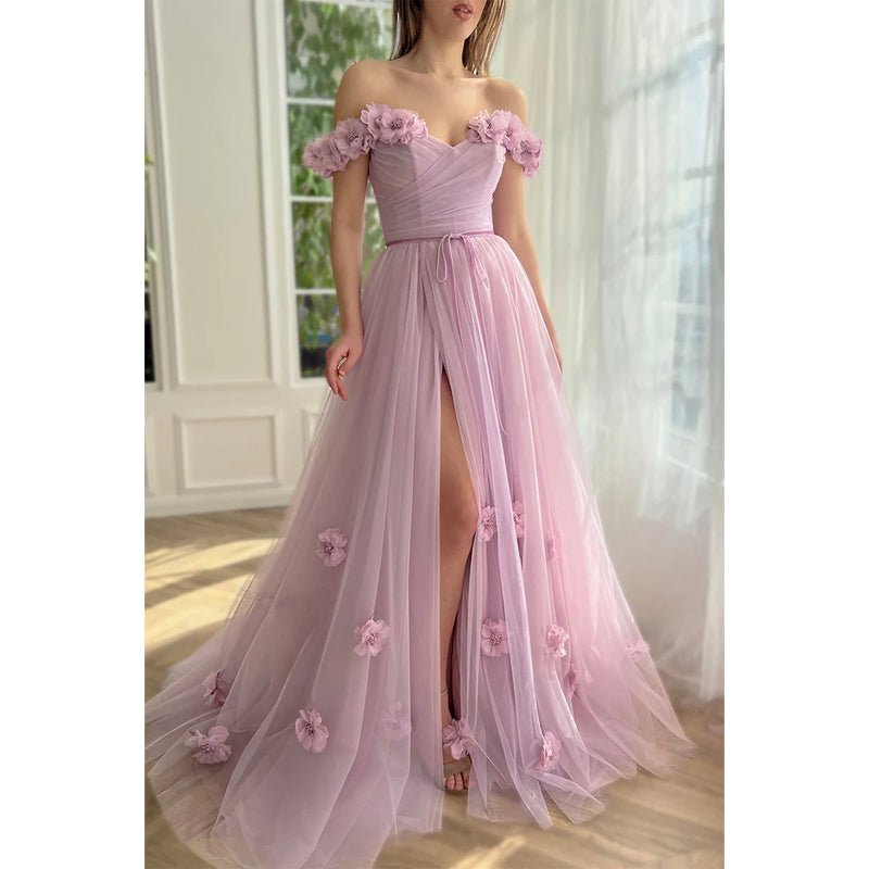 NumberSea - A Line Off The Shoulder 3d Flowers Long Prom Dress with Split