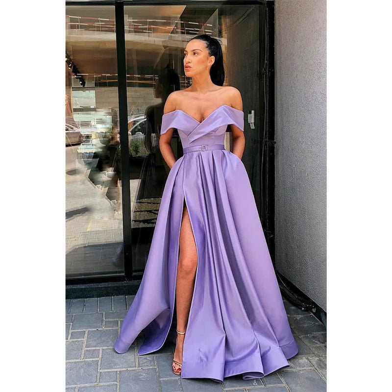 NumberSea - A - line Off - the - shoulder High Split Long Prom Dress with Pockets