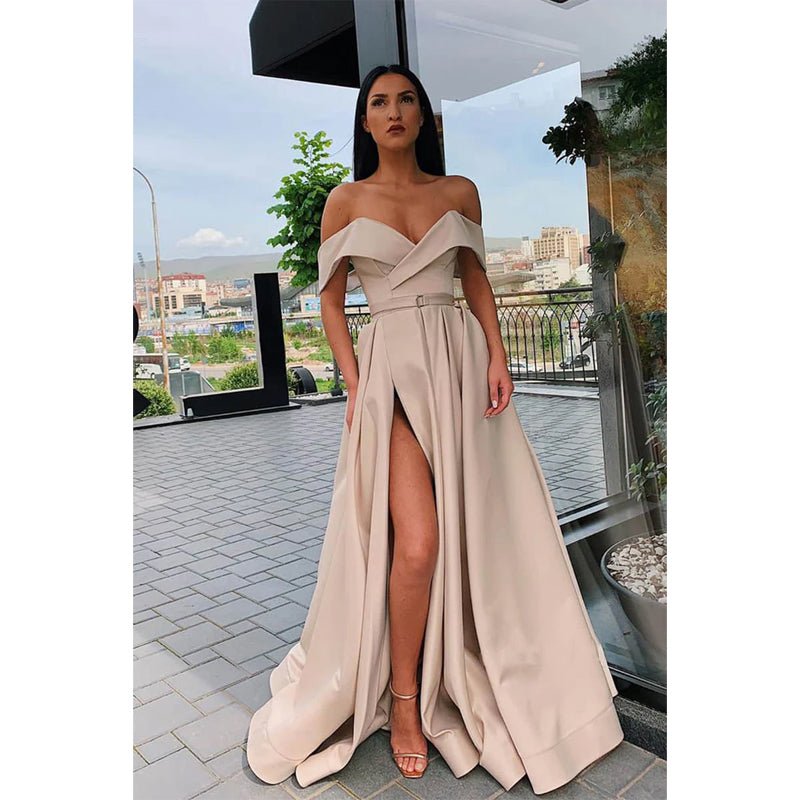 NumberSea - A - line Off - the - shoulder High Split Long Prom Dress with Pockets