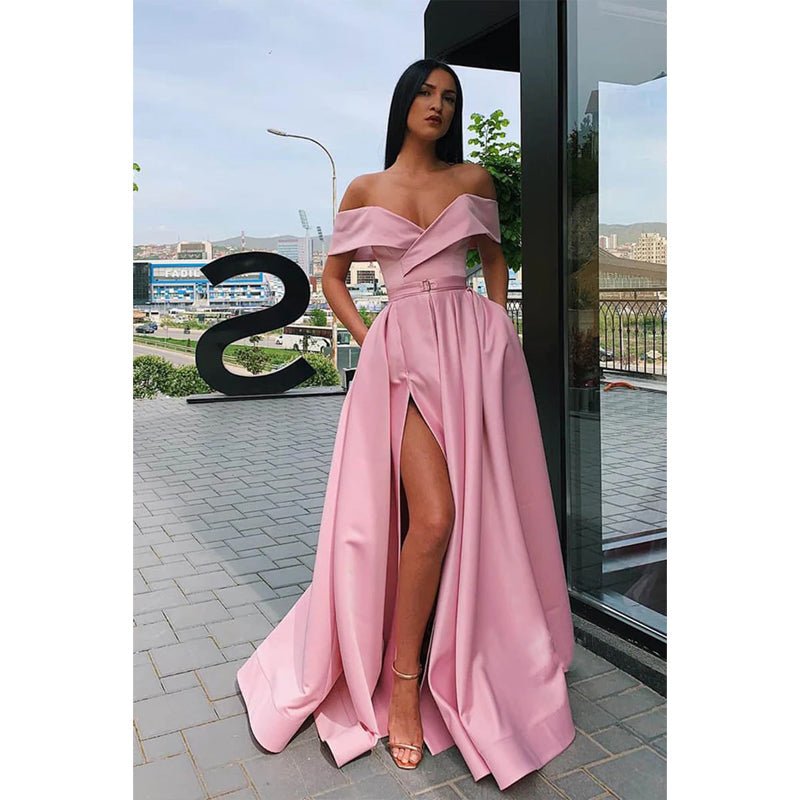 NumberSea - A - line Off - the - shoulder High Split Long Prom Dress with Pockets