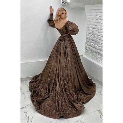 NumberSea - A - line Off The Shoulder Long Sleeves Prom Dress Glitter