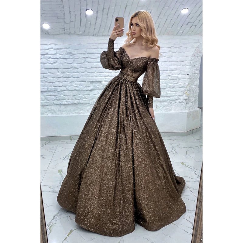 NumberSea - A - line Off The Shoulder Long Sleeves Prom Dress Glitter