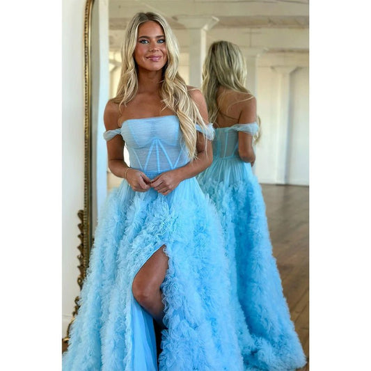 NumberSea - A Line Off The Shoulder Ruffles Side Slit Long Prom Dress