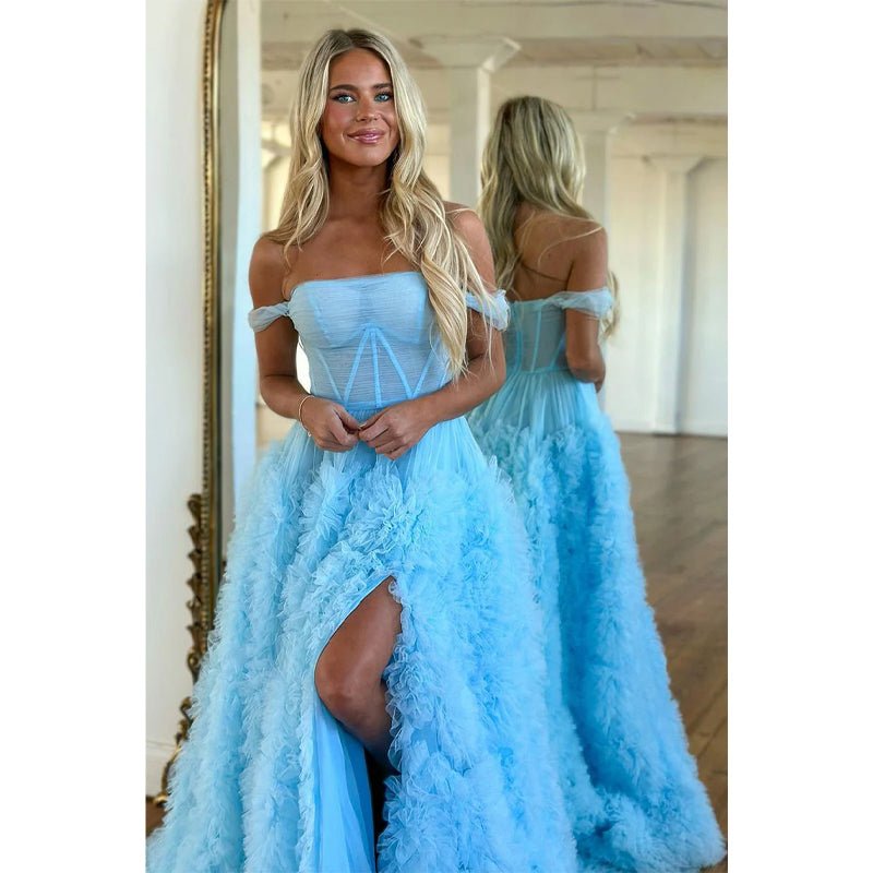 NumberSea - A Line Off The Shoulder Ruffles Side Slit Long Prom Dress