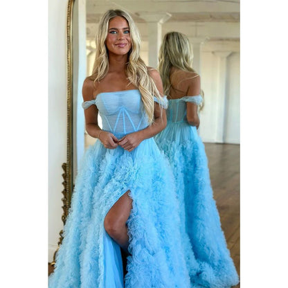 NumberSea - A Line Off The Shoulder Ruffles Side Slit Long Prom Dress