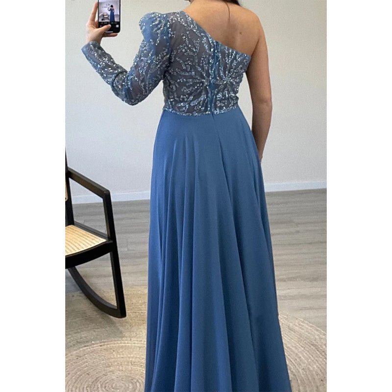 NumberSea - A - line One Shoulder Beaded Long Sleeves Formal Evening Dress with Train