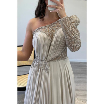 NumberSea - A - line One Shoulder Beaded Long Sleeves Formal Evening Dress with Train