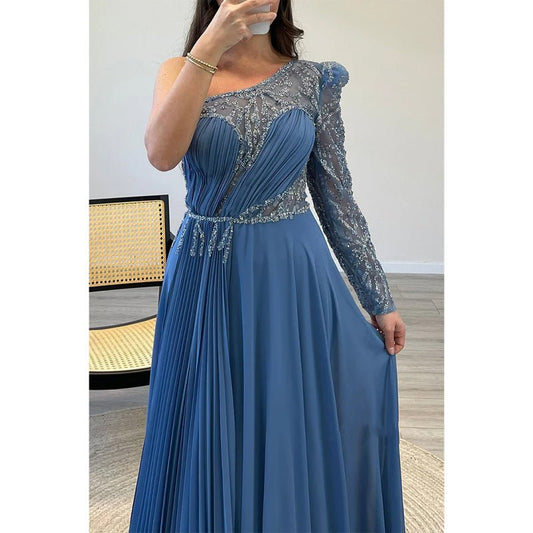 NumberSea - A - line One Shoulder Beaded Long Sleeves Formal Evening Dress with Train