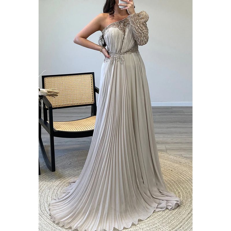 NumberSea - A - line One Shoulder Beaded Long Sleeves Formal Evening Dress with Train