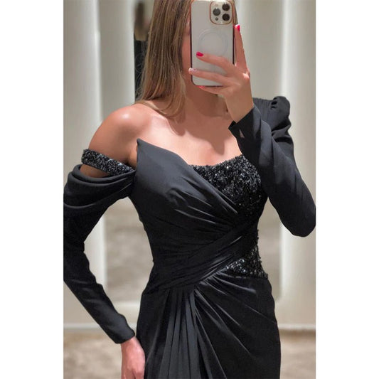 NumberSea - A Line One Shoulder Beads Long Sleeves Formal Evening Dress