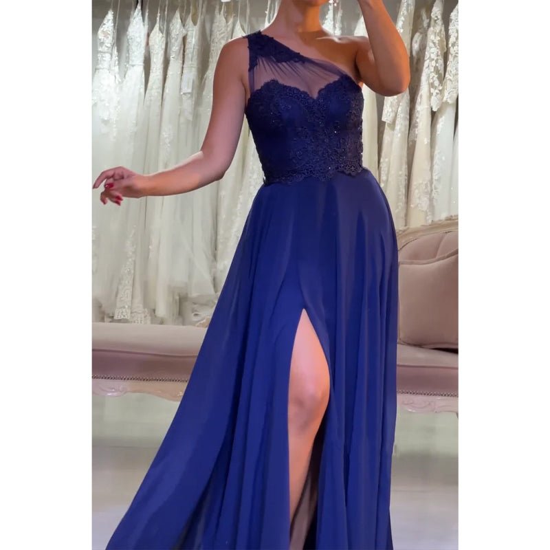 NumberSea - A - line One Shoulder Chiffon Lace Blue Long Prom Dress with Split Evening Gowns