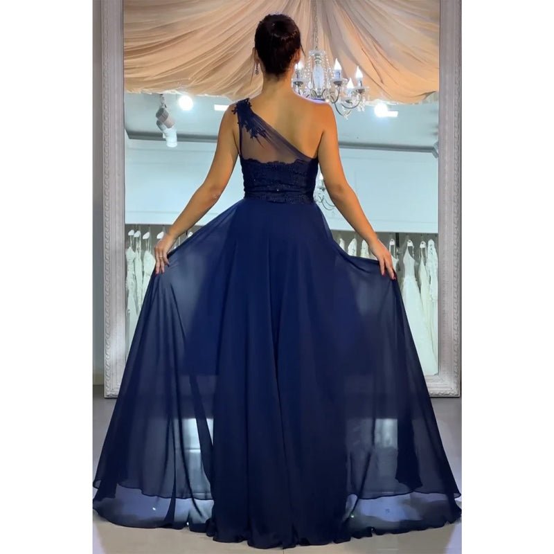 NumberSea - A - line One Shoulder Chiffon Lace Blue Long Prom Dress with Split Evening Gowns