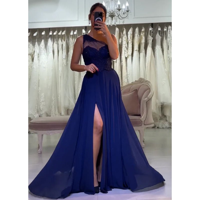 NumberSea - A - line One Shoulder Chiffon Lace Blue Long Prom Dress with Split Evening Gowns