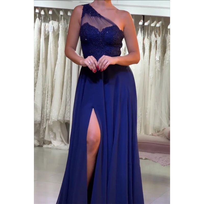 NumberSea - A - line One Shoulder Chiffon Lace Blue Long Prom Dress with Split Evening Gowns