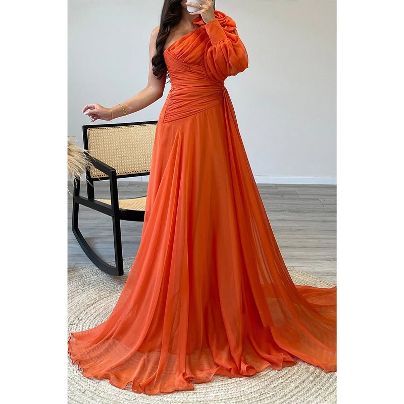 NumberSea - A - line One Shoulder Chiffon Pleast Long Prom Dress with Sweep Train