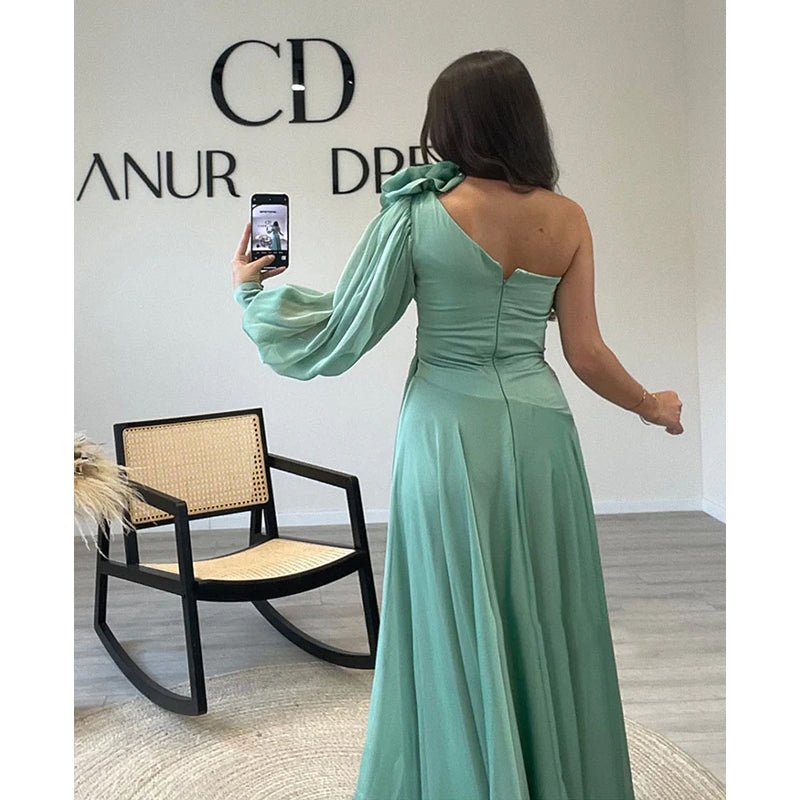 NumberSea - A - line One Shoulder Chiffon Pleast Long Prom Dress with Sweep Train