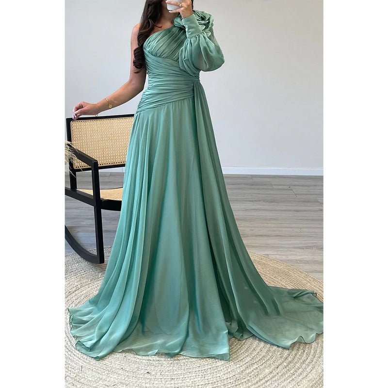 NumberSea - A - line One Shoulder Chiffon Pleast Long Prom Dress with Sweep Train