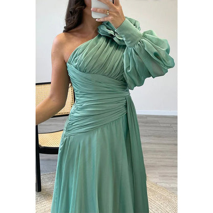 NumberSea - A - line One Shoulder Chiffon Pleast Long Prom Dress with Sweep Train