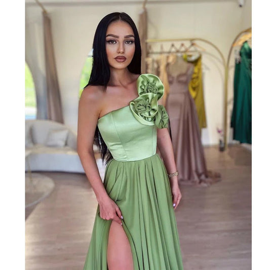 NumberSea - A Line One Shoulder Flowers Long Prom Formal Dress with Slit