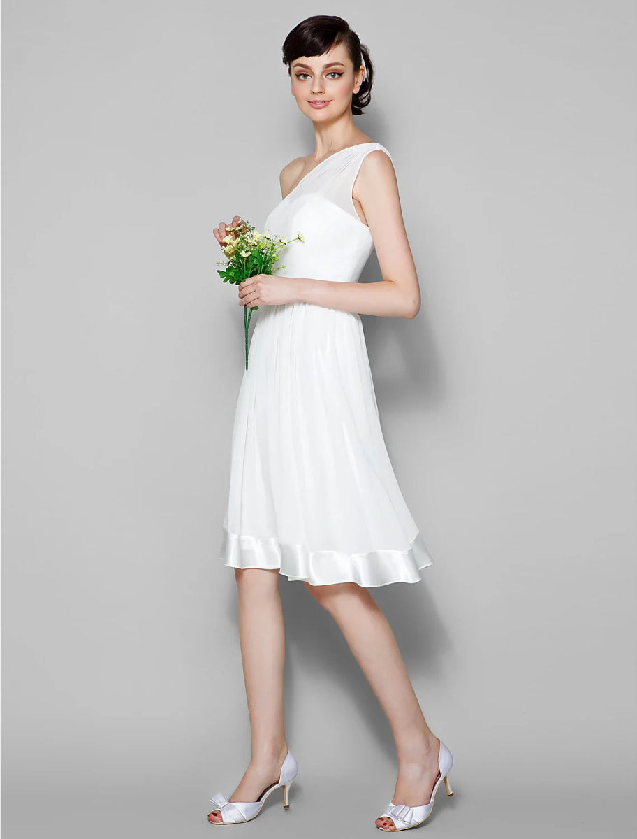 NumberSea - A - Line One Shoulder Knee Length Georgette Bridesmaid Dress with Sash / Ribbon