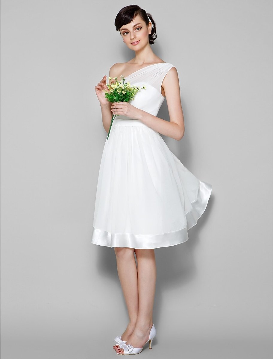 NumberSea - A - Line One Shoulder Knee Length Georgette Bridesmaid Dress with Sash / Ribbon