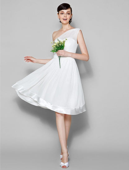 NumberSea - A - Line One Shoulder Knee Length Georgette Bridesmaid Dress with Sash / Ribbon