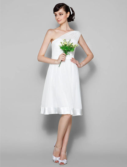 NumberSea - A - Line One Shoulder Knee Length Georgette Bridesmaid Dress with Sash / Ribbon