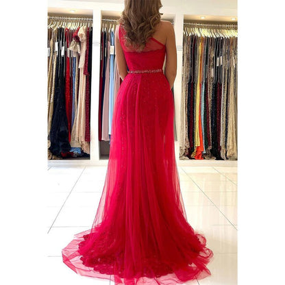 NumberSea - A Line One Shoulder Lace Appliques Red Long Prom Formal Gowns with Slit