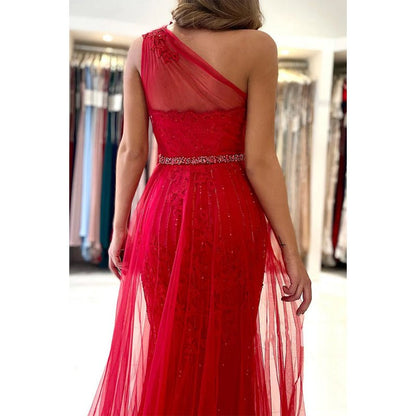 NumberSea - A Line One Shoulder Lace Appliques Red Long Prom Formal Gowns with Slit