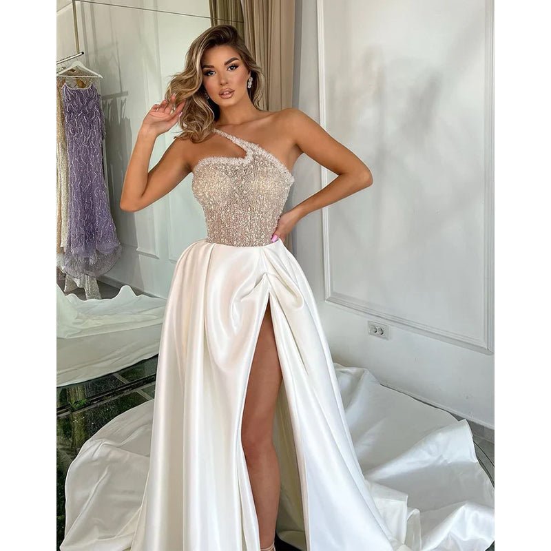 NumberSea - A Line One Shoulder Sexy High Split Long Formal Evening Gowns