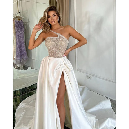 NumberSea - A Line One Shoulder Sexy High Split Long Formal Evening Gowns