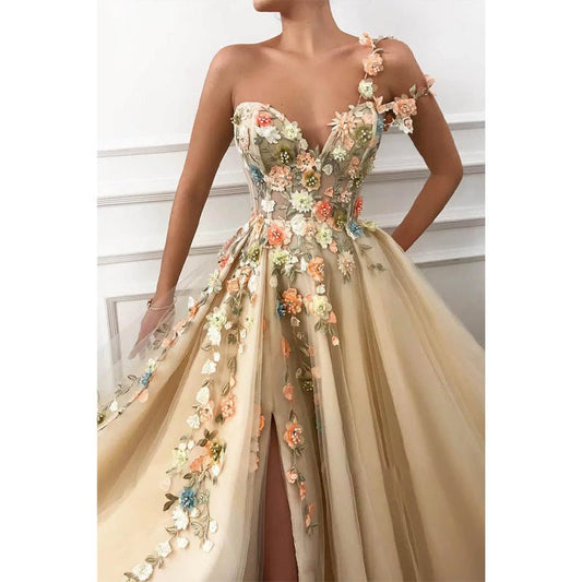 NumberSea - A - line One Shoulder Tulle Appliques Long Prom Dress with Slit