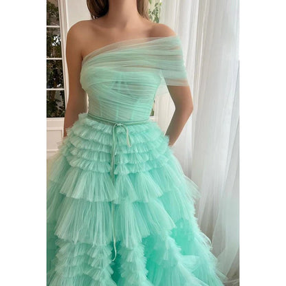 NumberSea - A - Line One Shoulder Tulle Ruffles Zipper - Up Prom Dress