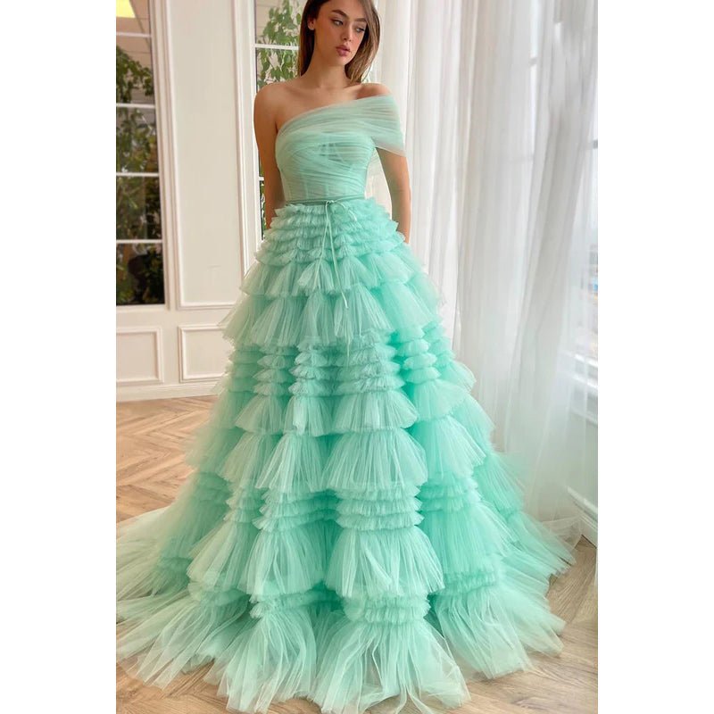 NumberSea - A - Line One Shoulder Tulle Ruffles Zipper - Up Prom Dress