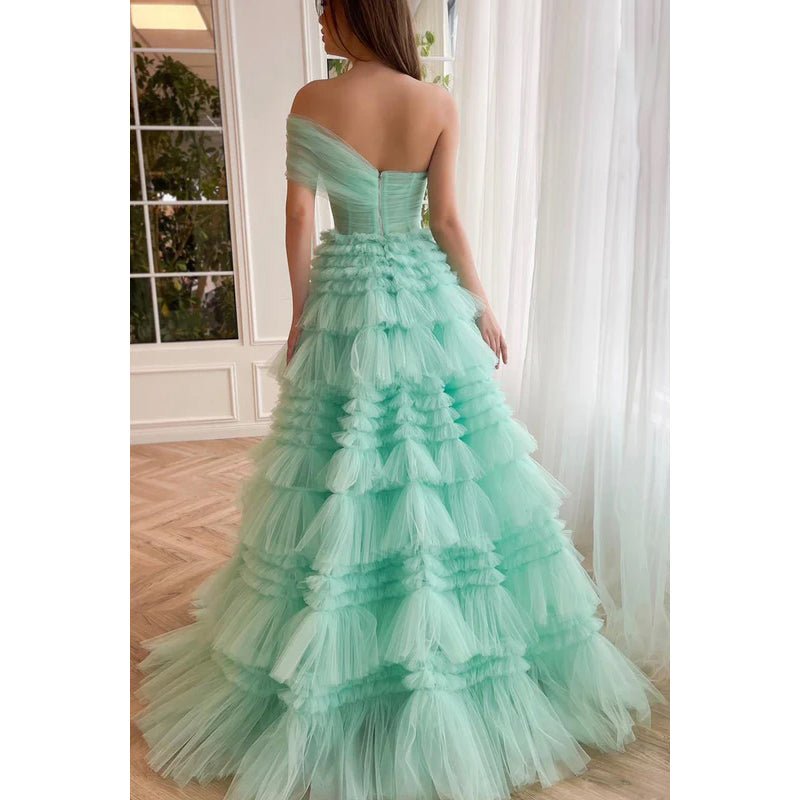 NumberSea - A - Line One Shoulder Tulle Ruffles Zipper - Up Prom Dress