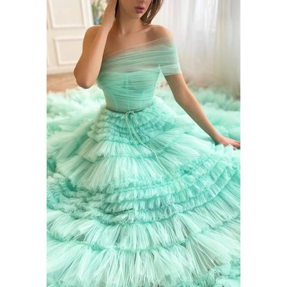 NumberSea - A - Line One Shoulder Tulle Ruffles Zipper - Up Prom Dress