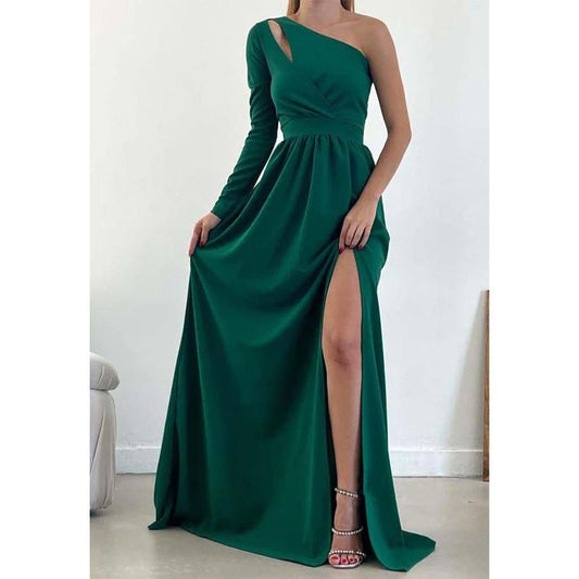 NumberSea - A - line One Shoulder Waist Long Sleeves Slit Prom Party Dress Open Back