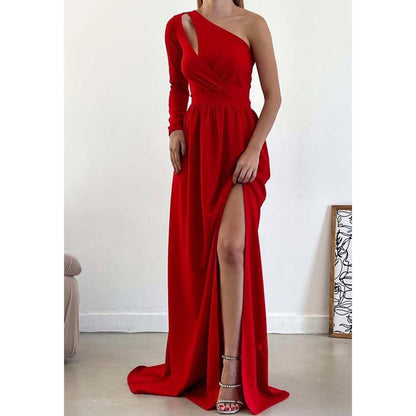 NumberSea - A - line One Shoulder Waist Long Sleeves Slit Prom Party Dress Open Back